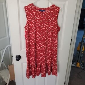 Red Dress with white wglowers and ruffle bottom